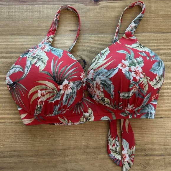 Women's 38 DD Wired Red Tropical Palm Floral Vacation Padded Bikini Swimsuit Top - Picture 1 of 3